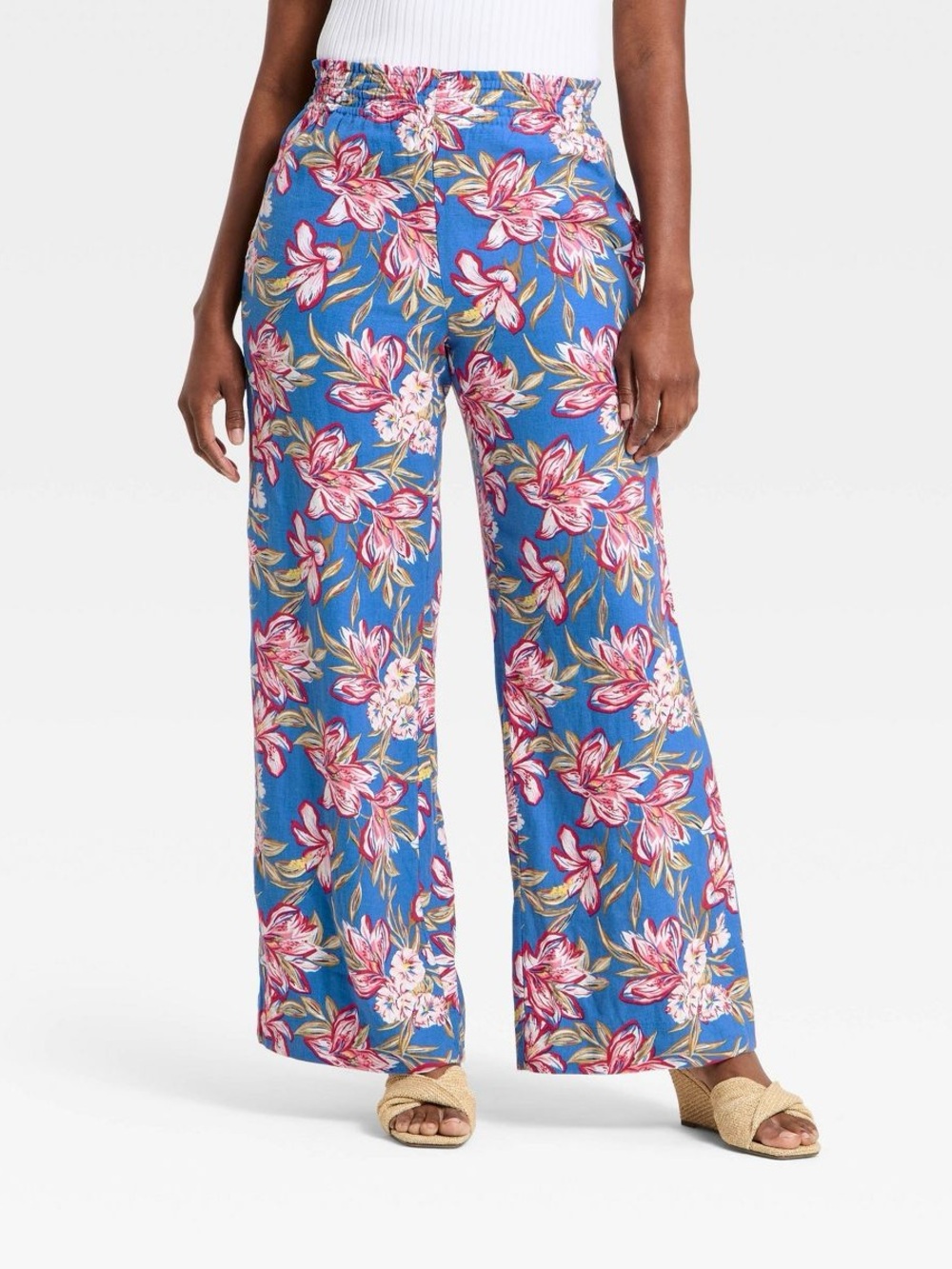 NWOT Size Small a new day Blue Floral Wide-Leg Pants with Pink & Green Print - Picture 1 of 6